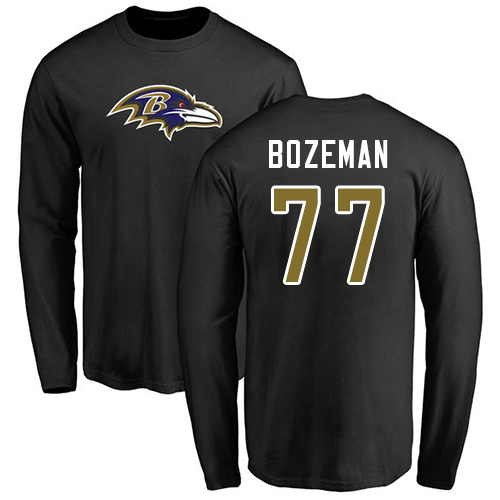 Men Baltimore Ravens Black Bradley Bozeman Name and Number Logo NFL Football #77 Long Sleeve T Shirt